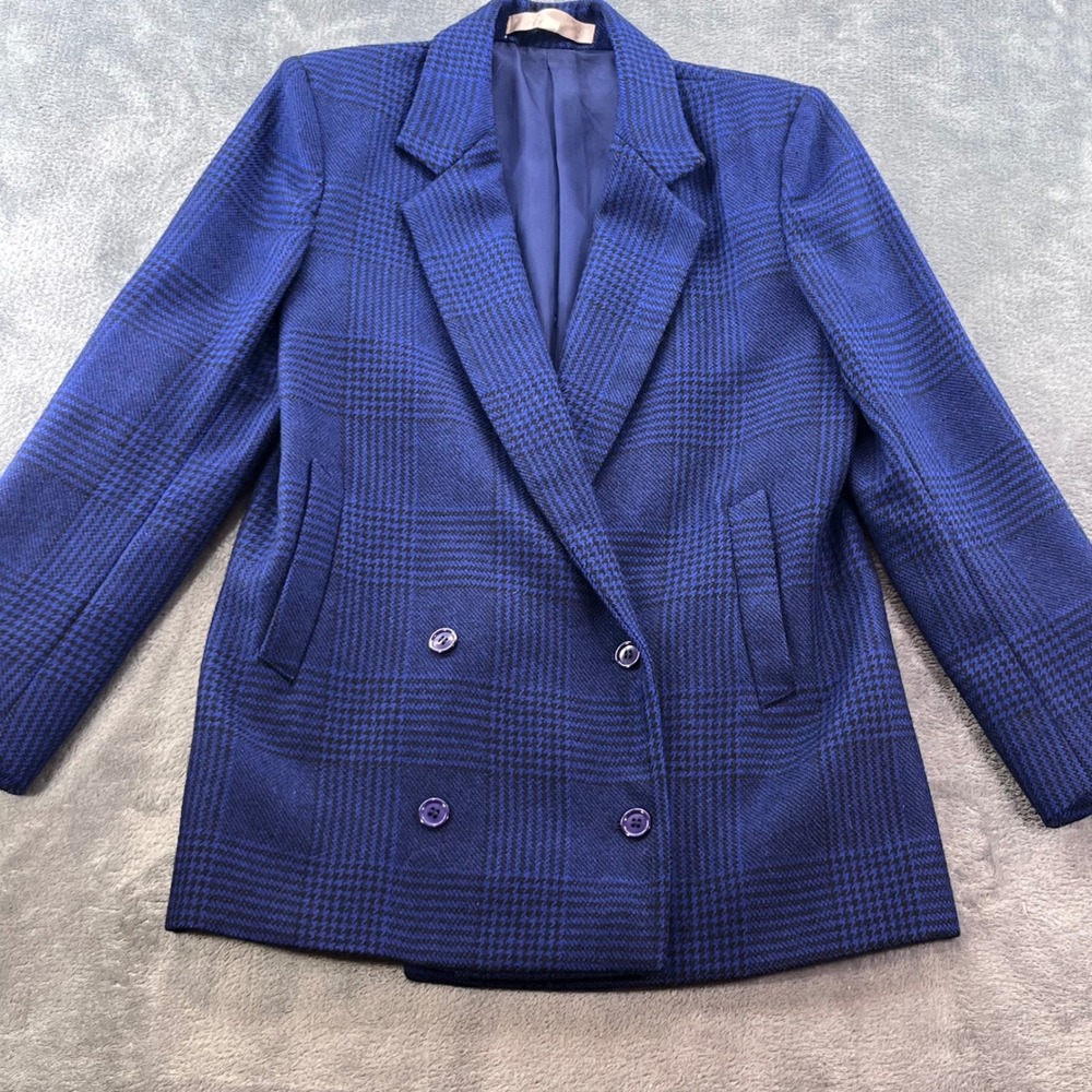 Perry Ellis Portfolio Blue Plaid Wool Blazer Double Breasted Jacket Womens 4